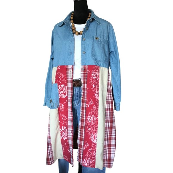 Patchwork Duster, Size L: Upcycled Button-Down Boho Jacket Dress, Lady Bugs - Picture 1 of 13